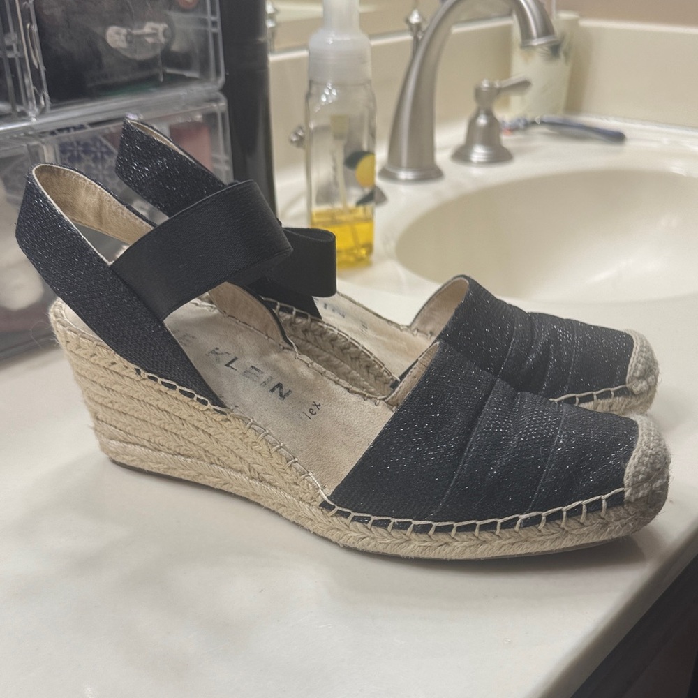Anne Klein Black and Cream Espadrille Wedges with sparkle on toes